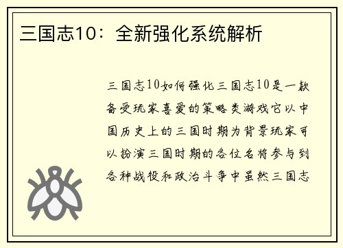 三国志10：全新强化系统解析